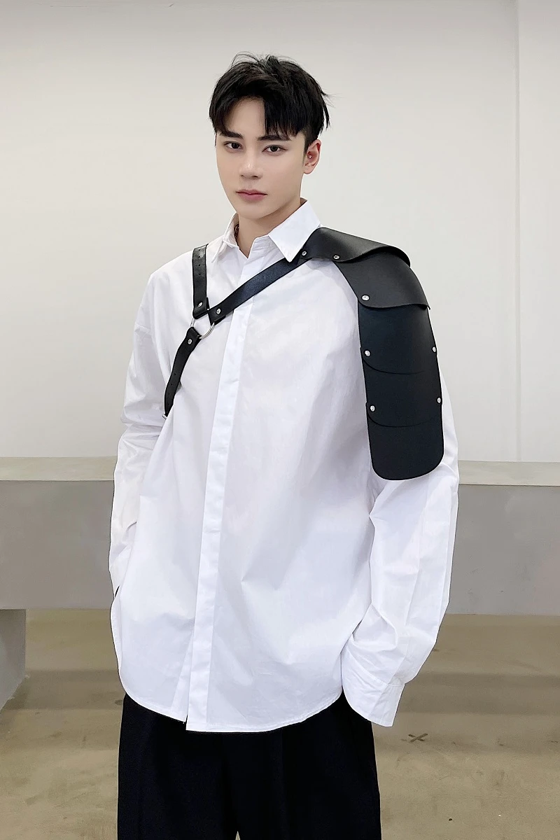 

M-XL!Spring and summer abstinence department PU bandage design loose long sleeve shirt tide male function wind personality shirt