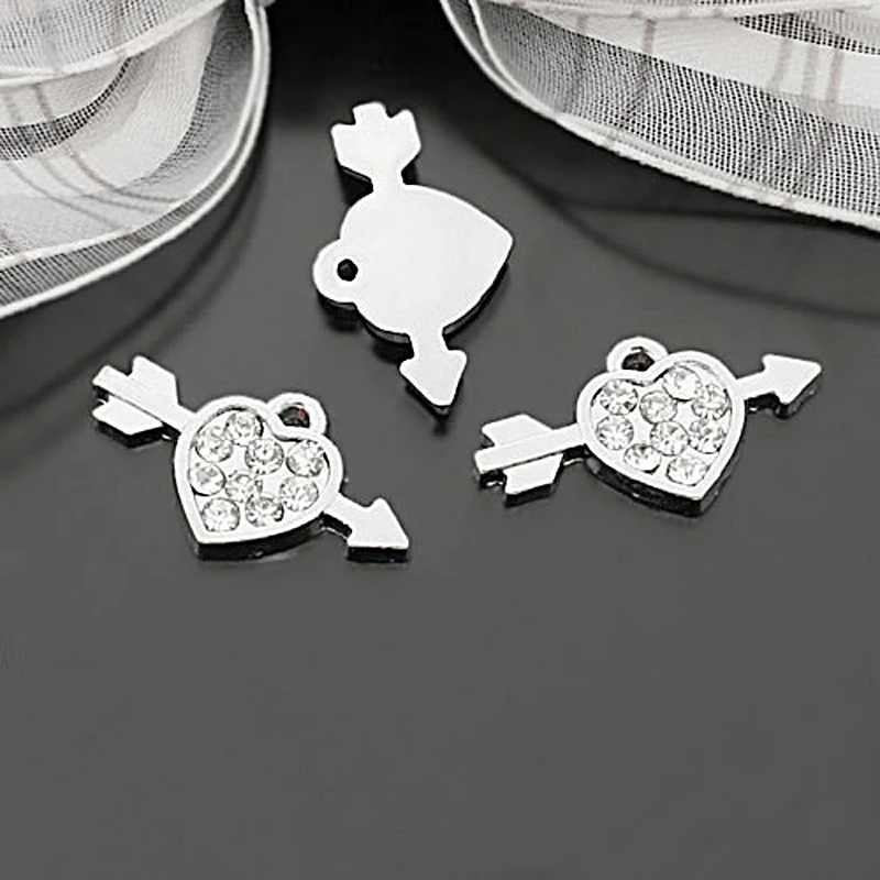 

(27787)10PCS 23x13MM Stainless Steel Color Zinc Alloy with Rhinestone Cupid Heart Arrow Charms Pendants Diy Jewelry Accessories