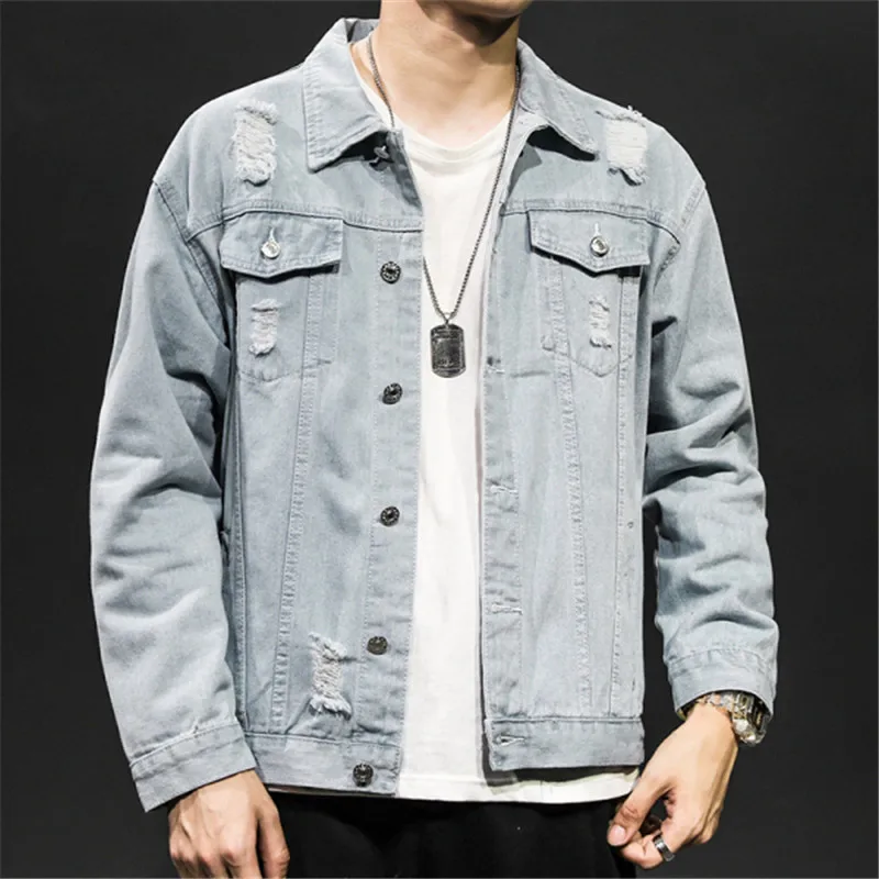 

Men's Wear Period And The Simple Pure Color Hole In Casual Denim Jacket Teenagers Cowboy Clothing Joker Big Yards