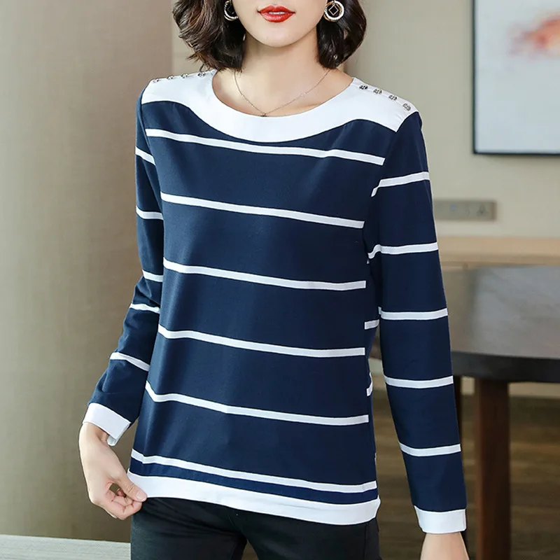 

9390 Autumn Women Long Sleeves Top Stripe O-Neck Chic Button Loose Fashion Basic Tee Elegant Office Ladies Casual Thin T-Shirts