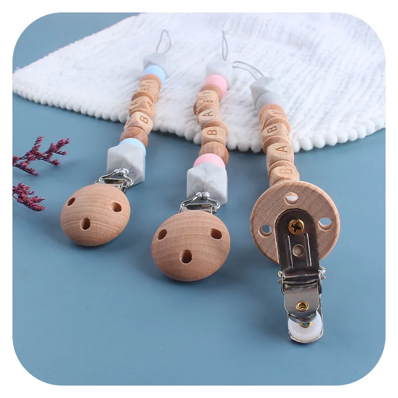 Coskiss de silicona DIY beb&eacute; Clip de madera para chupete y madera de haya alfabeto Cadena de chupete dentici&oacute;n del beb&eacute; suave juguetes de regalo-4