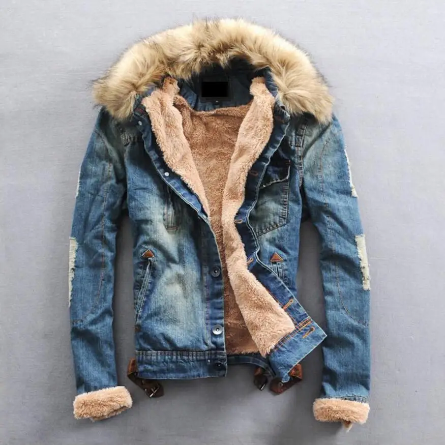 New Fur Jacket Men Winter Thicker Warm Jeans Jacket Coat Fashion Men Casual Washed Hooed Denim Jacket with Fur Collar