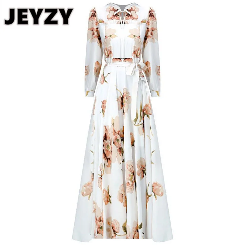

Autumn women maxi dress long sleeve elegant flower printed ruched vintage retro woman dresses plus size 3XL clothes vestidos