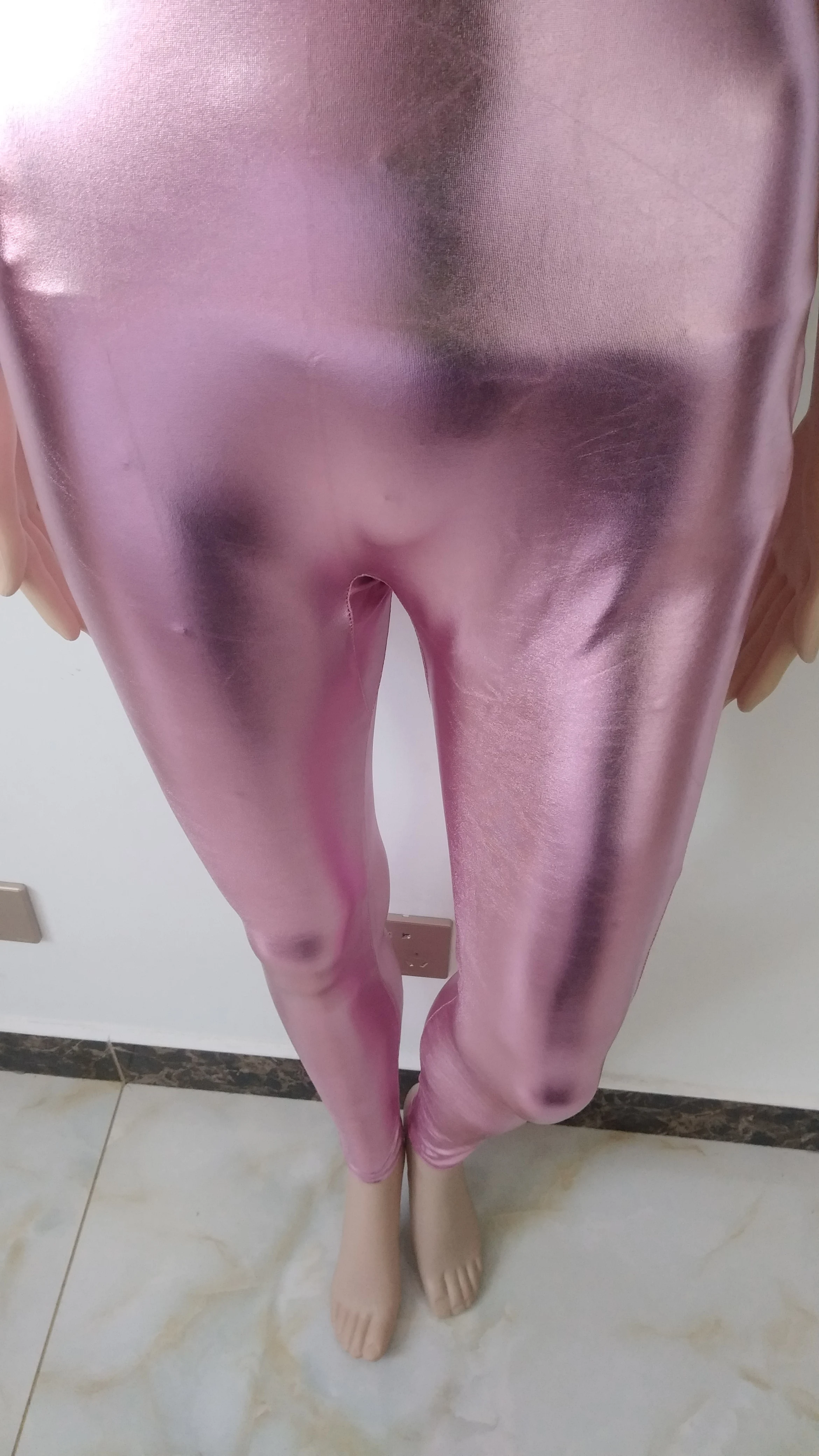 Пикантные женские розовые блестящие металлические костюмы Zentai комбинезон на