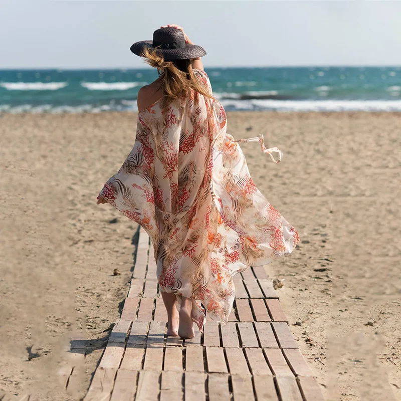 

Kaftan Dress Beach Cover Up Bathing Trips For Women New 2021 Coral Print Chiffon Upper Garment Sexy Lace Bikini Smock Robes
