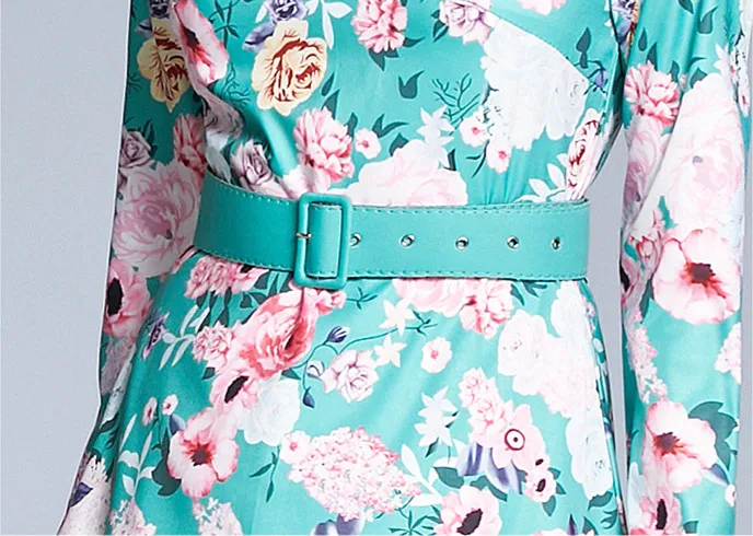 

Autumn Holiday Maxi Dress Women's Long Sleeve O-neck Belted Floral Print Elegant Big Swing Green Bohemian Long Dress k3573