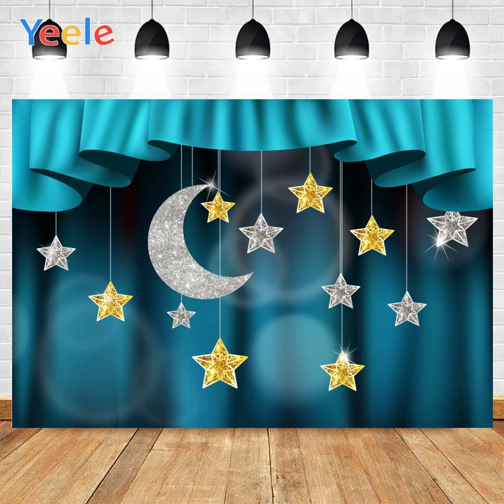 

Yeele Baby Room Blue Curtain Golden Silver Stars Moon Background Photophone Photo Studio Photography for Decor Customized Size