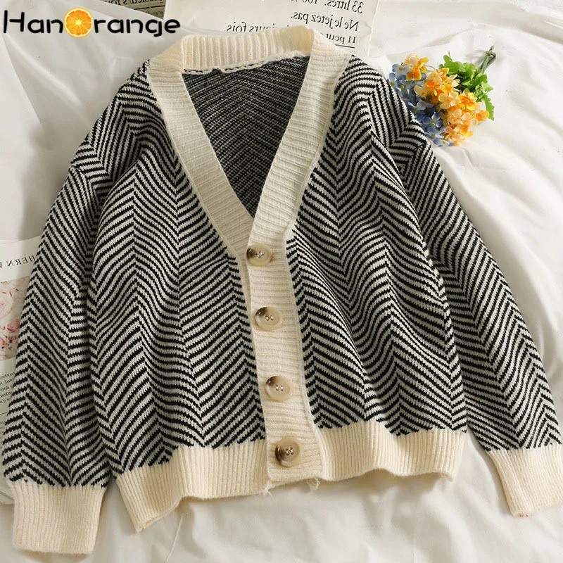 

HanOrange 2022 Autumn Winter Herringbone Pattern Knit Sweater Jacket Women Loose Lazy Style Striped Cardigan Oversized Outwear