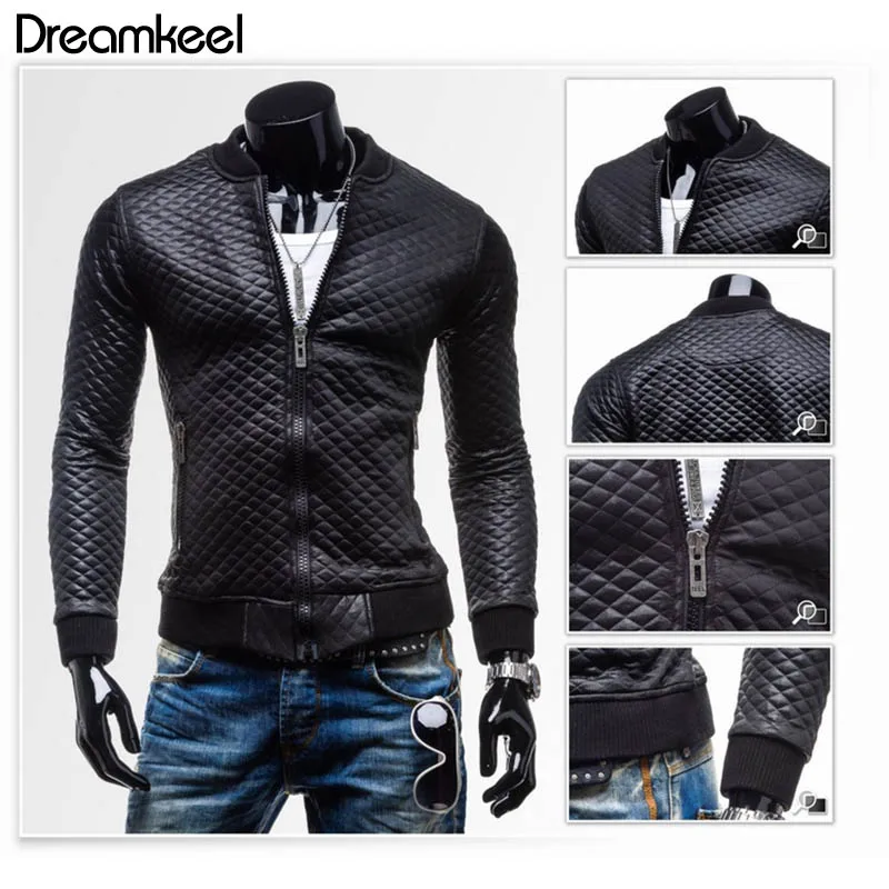 Мужская приталенная куртка из ПУ кожи короткая стеганая в клетку Повседневная