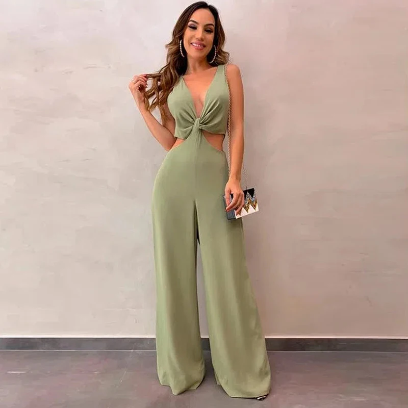 

2021 Fashion Sexy V-neck Sleeveless Jumpsuit Solid Casual High Waist Wide Leg Jumpsuits