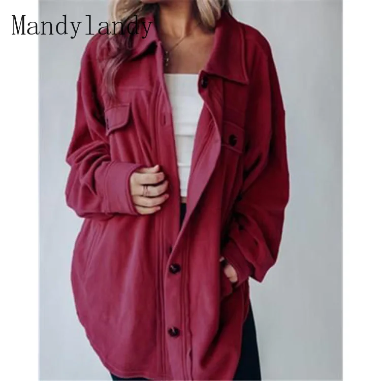 

Mandylandy Coat Women's Casual Long Sleeve Single-Breasted Solid Color Turn-down Collar Coat Autumn Loose Pockets Splicing Coat