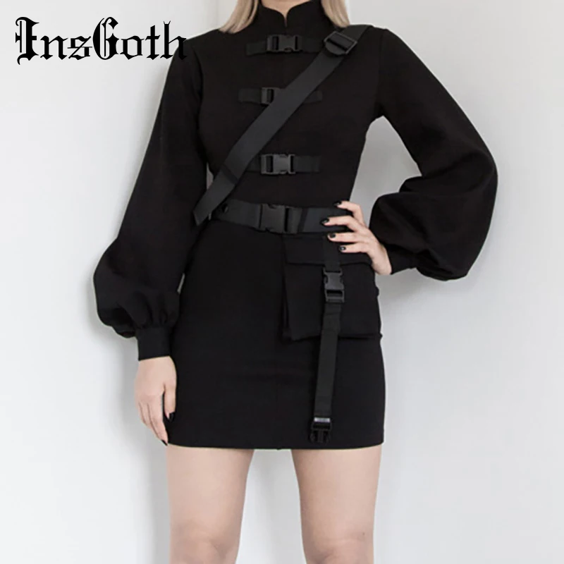 

InsGoth Punk Black Buckle Mini Bodycon Dress Vintage Cheongsam Long Sleeve Women Dress Streetwear Gothic Female Dresses
