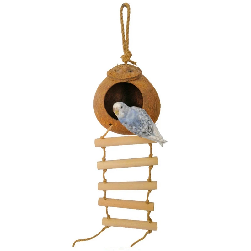 

Bird Nesting House Natural Coconut Shell With Hanging Lanyard Ladder Hanging Chain Cage Toys Swing House For Small Pet Parrot