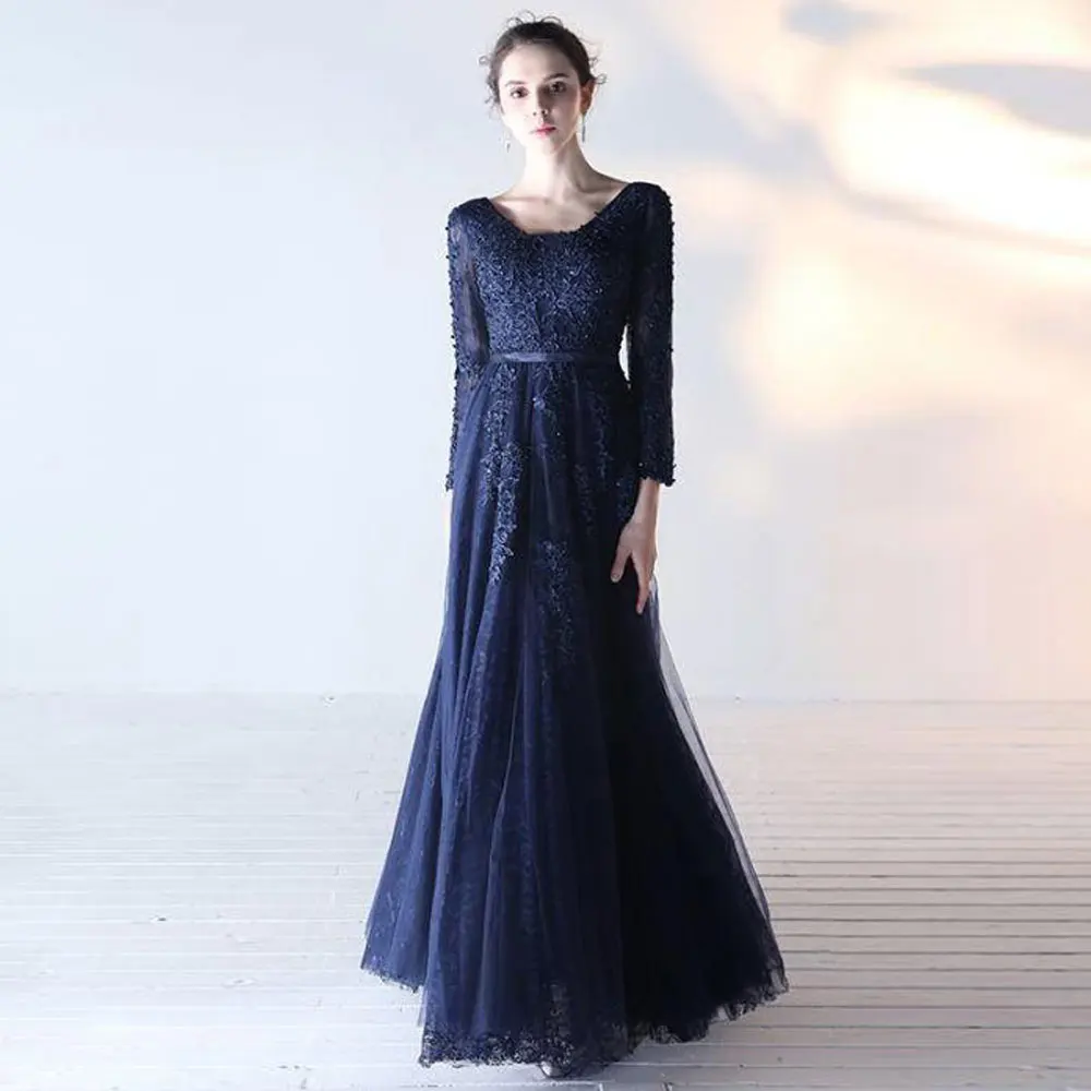 

Dark Navy A-line Net/Tulle Jewel Floor length Applique Seven sleeves Banbage Sweep/Brush Draped Evening Dresses high quality