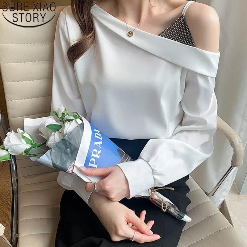 

2022 White Blouses Loose Women Shirts Off-the-shoulder Long-sleeve Satin Shirt Blouse Fashion Casual Tops Blusas Mujer 15066