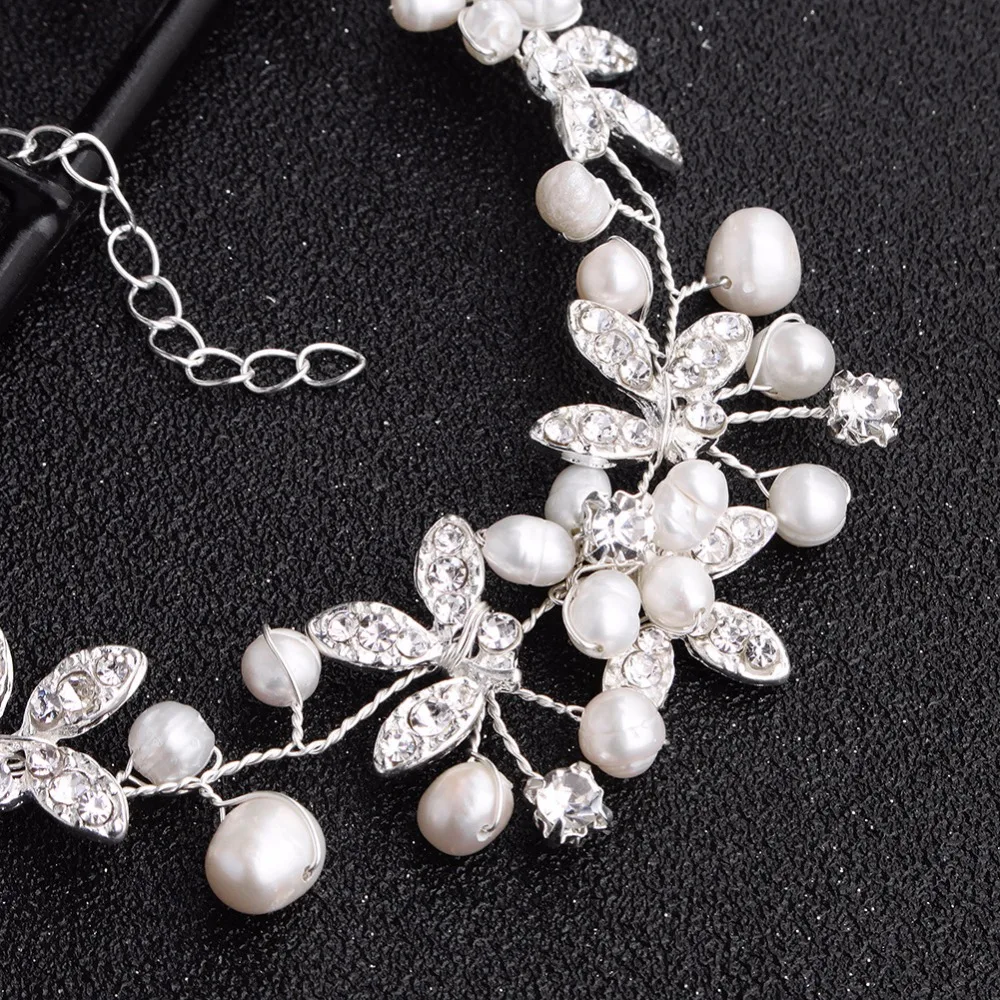 SLBRIDAL ручной работы Серебро чистая кристальная Свадебная браслет стразы пресноводный жемчуг свадебный браслет подружки невесты женские ювелирные изделия