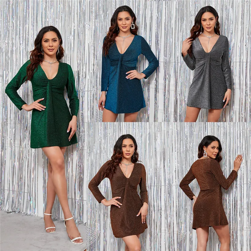 

Elegant Lady Long Sleeve High Waist Package Hip Mini Dress Sexy Deep V-neck Bodycon Club Party Dress Women Solid Color Dresses