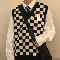 2021 new autumn arctic velvet checkerboard pattern mens sweater vest retro v neck sleeveless knit vest woolen korean clothes