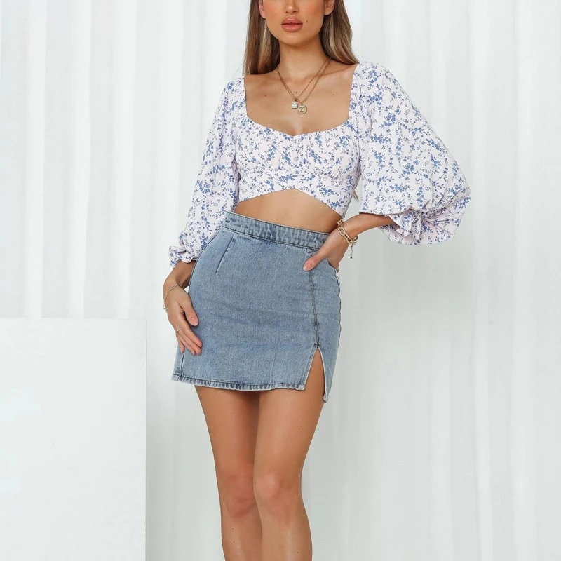 Летняя женская повседневная короткая рубашка с принтом квадратным воротником