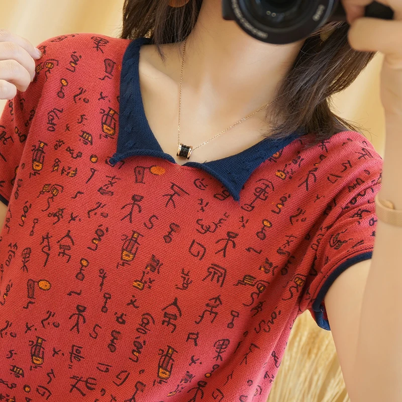 

MVLYFLRT 2020 Summer New V-Neck 100% Cotton Printed Knitted Short-Sleeved Woman Loose Half-Sleeved Bottoming Shirt T-Shirt