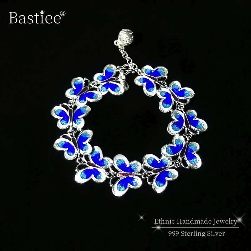 Женские браслеты из стерлингового серебра 999 пробы с синей бабочкой