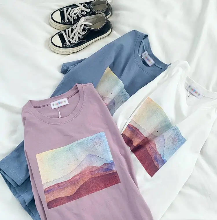 

retro abstract painting summer loose o neck basic short sleeve T-shirt