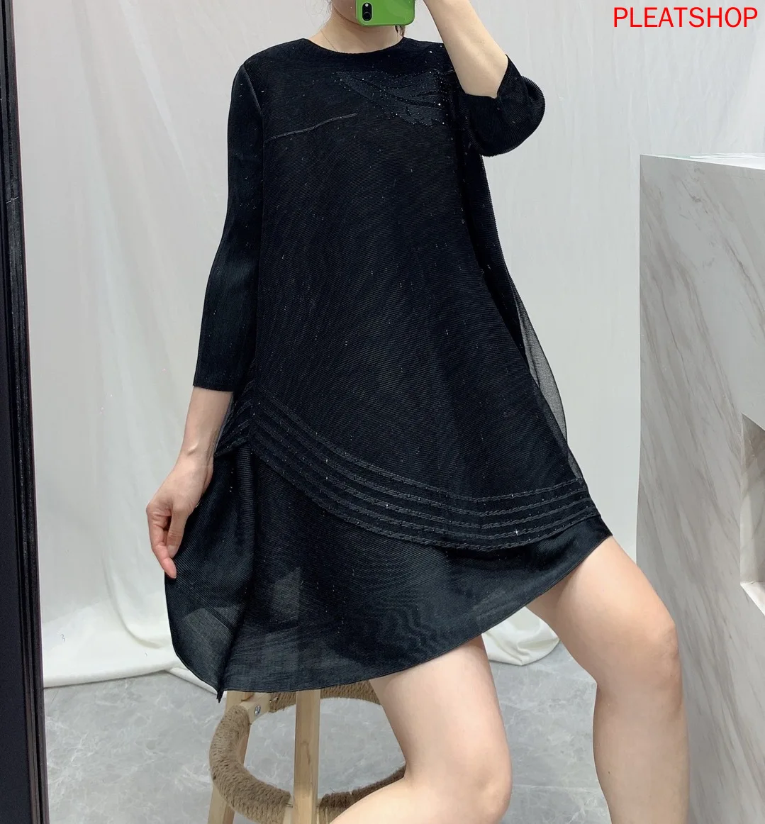 

MIYAKE Pleated Dress Women's Spring New Fashion Beaded Large Size Loose A- Line Dresses Vestido De Mujer Robes Robe Femme Vestid