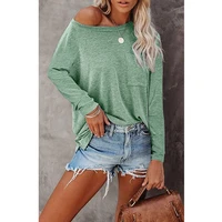 european and american loose round neck long sleeve t shirt women solid color pullover shirt with pocket casual comfy tops hot