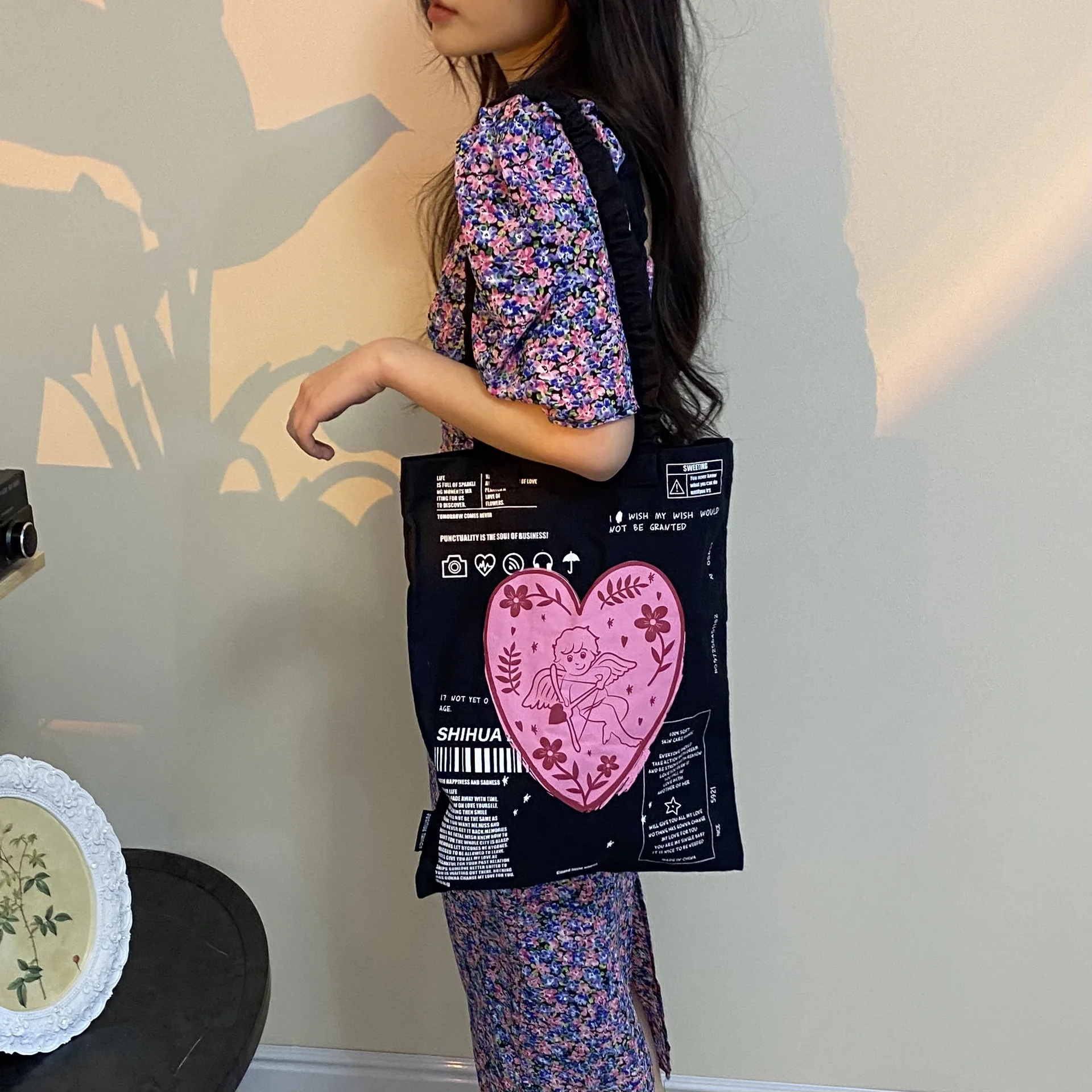 

Cartoon Cupid Doodle Canvas Tote Bag White Black Cotton Heart Shoulder Bag Women Causal Shopper Bag Cute Ladies Handbag For Girl