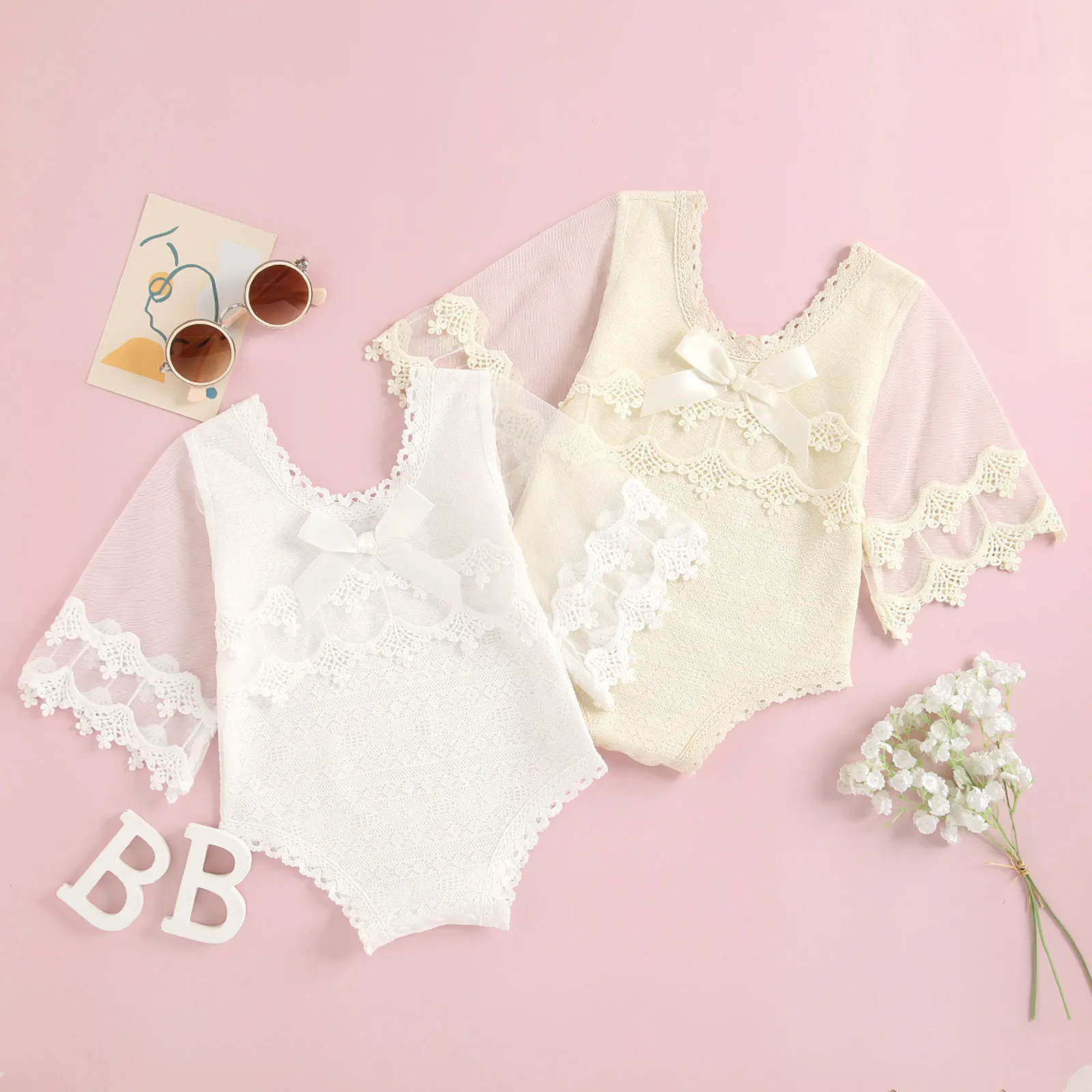 

Summer Baby Girls Bodysuit Lace Sheer Stitching Flare Long Sleeve Jumpsuit with Crotch Buttons for Toddlers