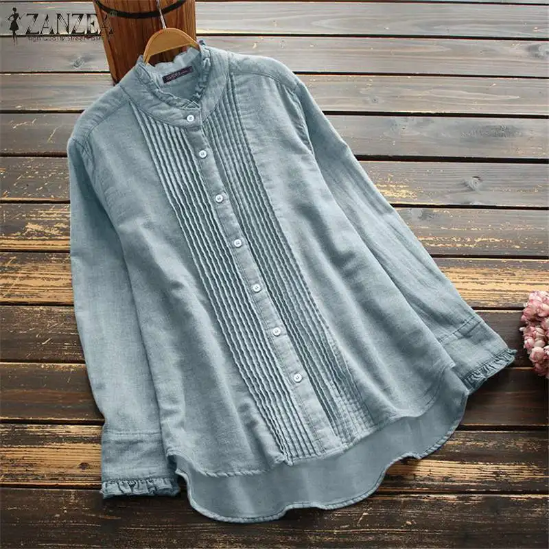 

Блузка ZANZEA женская джинсовая с длинным рукавом, повседневная однотонная плиссированная туника с оборками, в винтажном стиле, весна