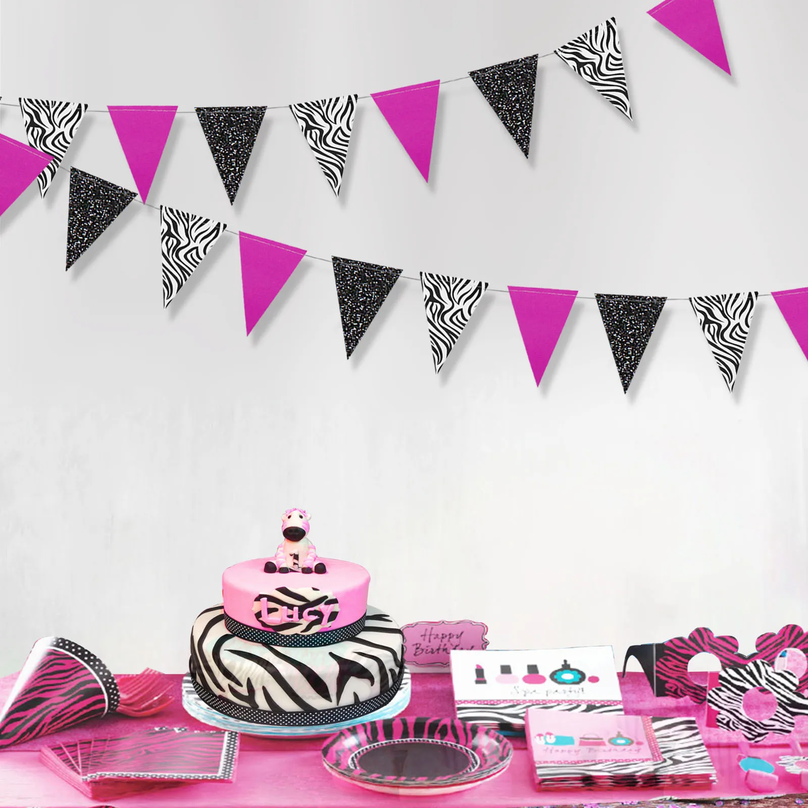10Ft Hot Pink Glitter Black Zebra Print Paper Triangle Circle Garlands Banners Wall Decorations for Birthday Baby Shower Wedding | Дом и сад