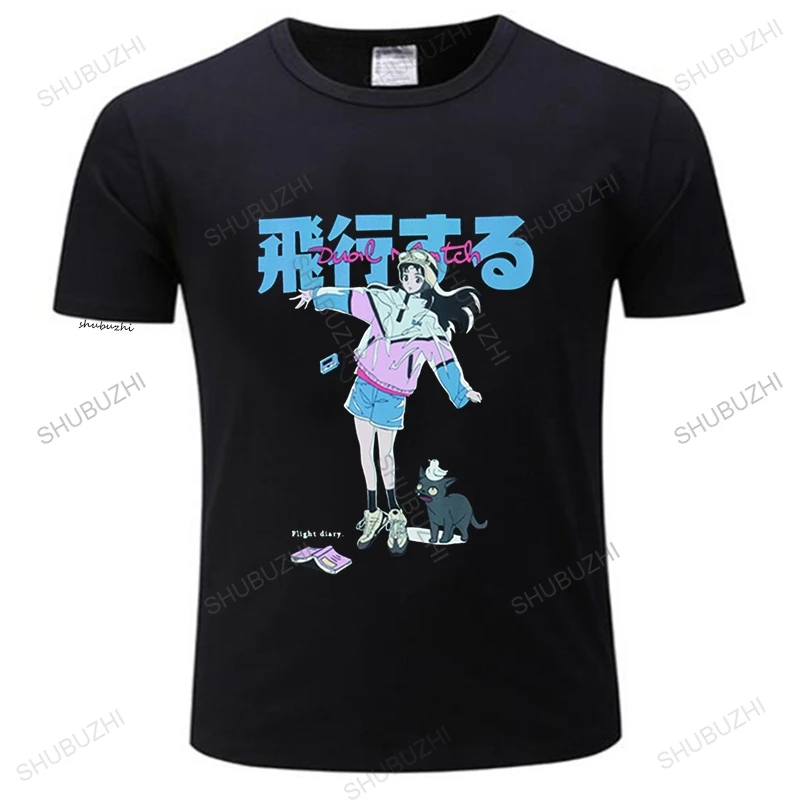 

Футболка мужская с японским принтом каньдзи, уличная одежда в стиле хип-хоп, с мультяшным принтом девушки, кошки, Харадзюку, топ с круглым вы...