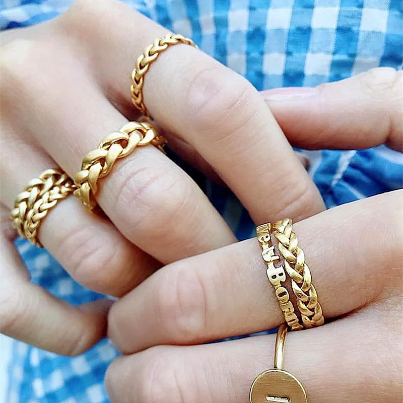 2021 Hot Stylish Matte Gold Braided Chain Finger Rings for Women Stainless Steel Gold Plated Ring Sets Jewelry