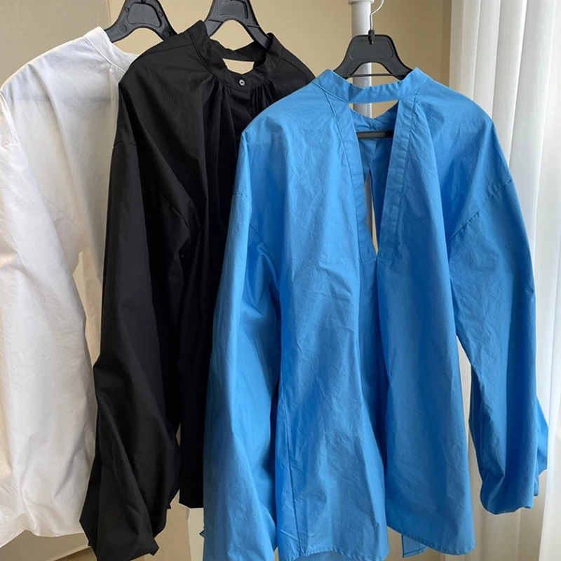 

Sister Fara New Spring 2021 Two-wear Cut-out Shirt Women O-Neck Single-Breasted Elegant Oversize Shirt Office Lady Loose Blouses