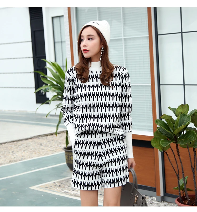 Knitted Women Black White Colors Tracksuits Suits 2020 Autumn Winter Runway Turtleneck Sweaters Tops + Short Pants 2 Pieces Sets | Женская