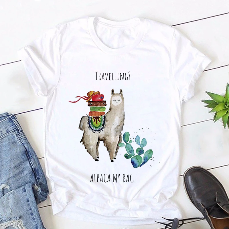 Путешествия Альпака моя сумка Милая футболка с графическим принтом для женщин Harajuku эстетику футболка 2020 Летняя мода для девочек; Белые топ Женская футболка