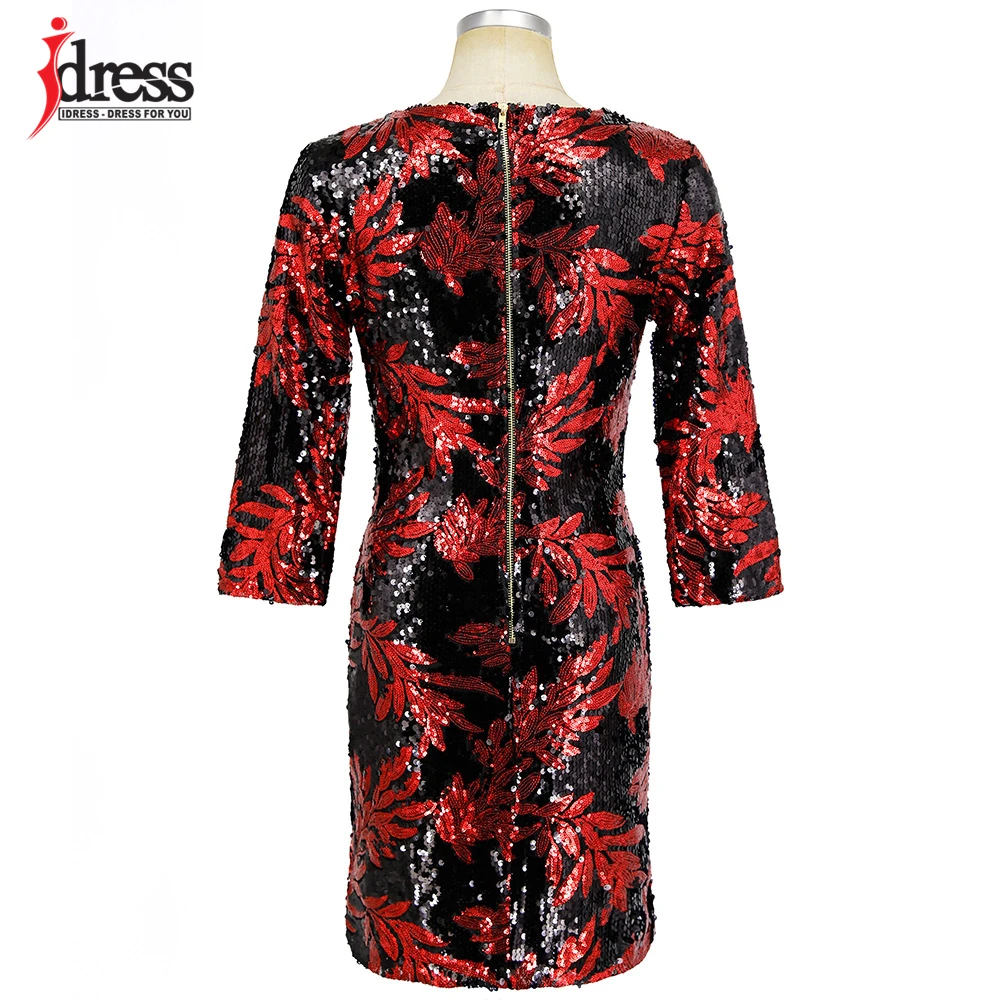 IDress/Модная одежда; ; облегающее платье до колена с длинными рукавами и круглым вырезом; вечерние Клубные платья с пайетками в стиле пэчворк с зелеными листьями