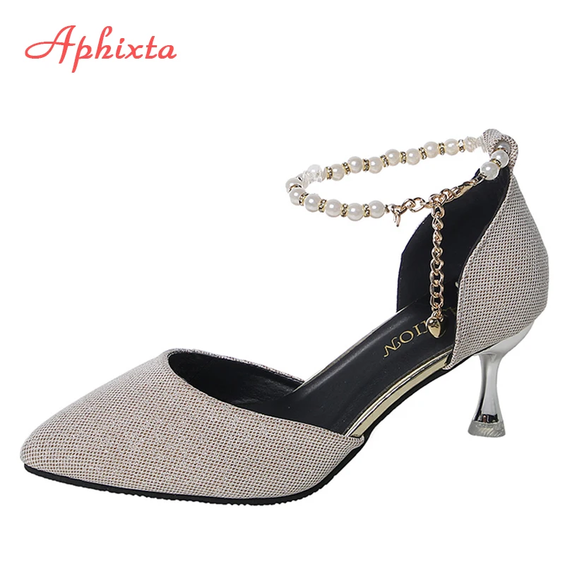 

Aphixta 2020 Summer Luxury Pearl Chian 6cm Heels Shoes Women Pointed Toe Pumps Leisure Party Sandals For Women Large Size 44