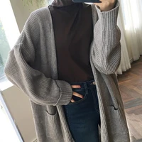 women solid color long sleeve pockets loose midi sweater coat autumn cardigan