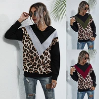 color blocked sweatshirts with hoodies sexy v neck leopard pullovers autumn tops womens clothes fashion female hoody blouses