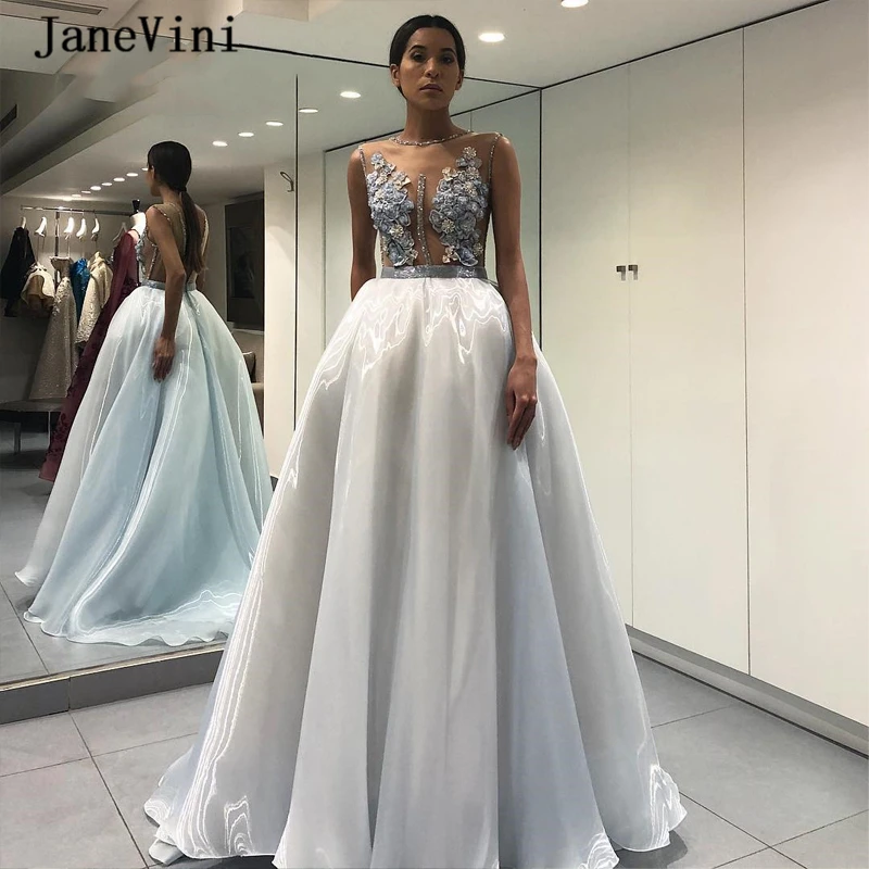 JaneVini Charming Light Blue Long Prom Dresses A Line Lace Appliques Beaded See Through Floor Length Organza Formal Gowns | Свадьбы и