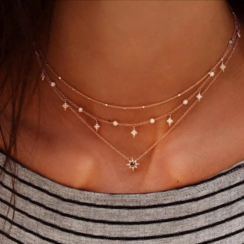

Модное ожерелье-чокер золотого цвета для женщин, короткая цепочка с подвеской в виде звезд с кристаллами, ожерелья и подвески, подарочные ук...