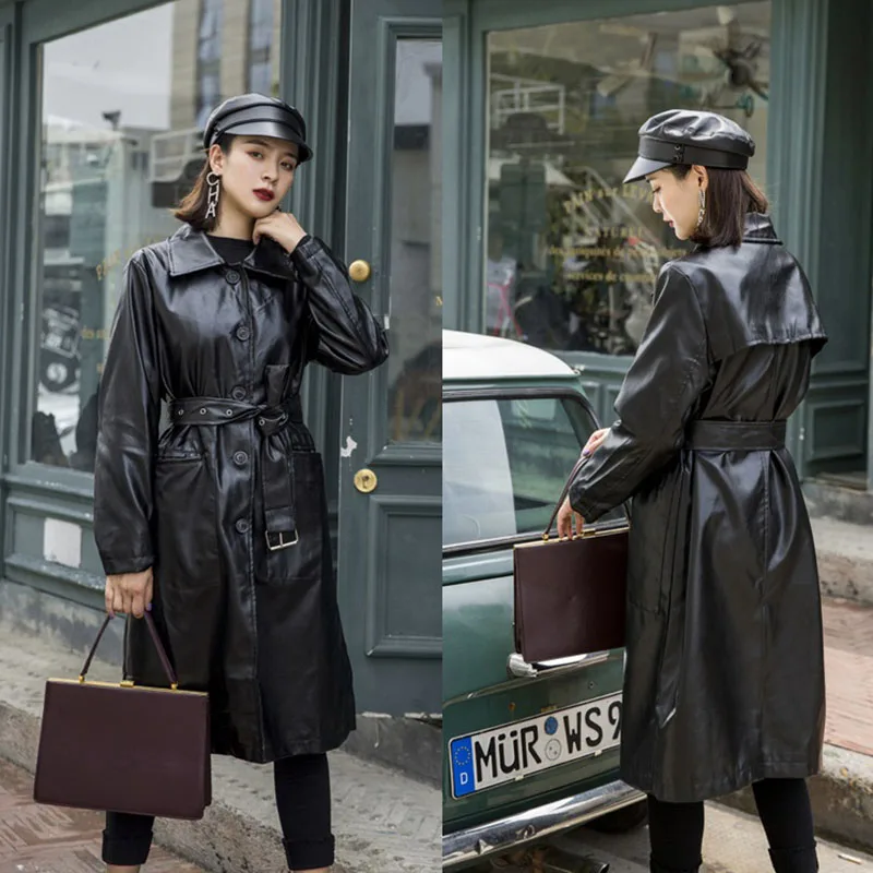 Женская куртка из искусственной кожи осень-зима 2019 женский тренчкот с поясом