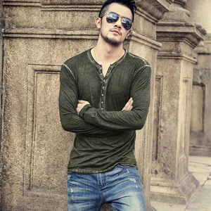 Футболка мужская хлопковая, винтажная Повседневная дышащая приталенная, на пуговицах, с длинным рукавом, V-образным вырезом, 6 цветов, европейские размеры M-3XL