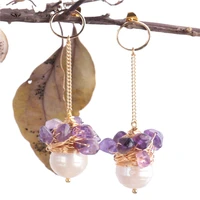 natural white baroque pearl dangle amethyst golden earring flawless irregular jewelry wedding fashion party aaa cultured