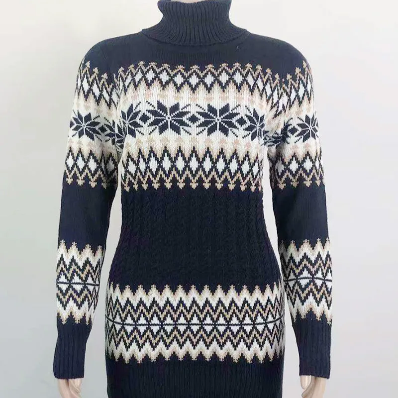 Рождественские женские платья-свитеры с высоким воротником и длинным рукавом