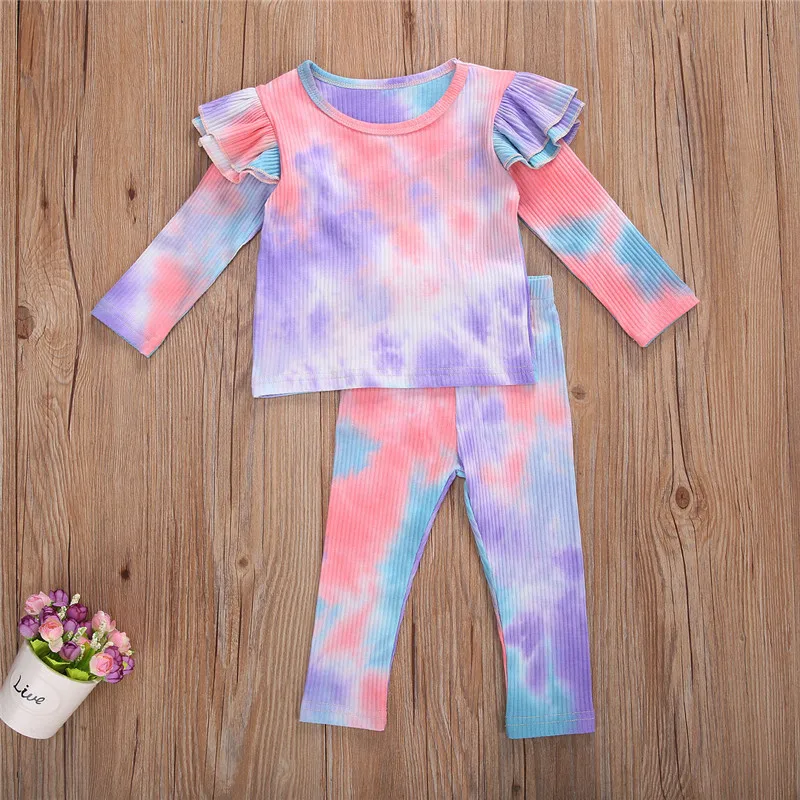

Infant Kids Girls Tie-dye Clothing Toddler Ribbed Long Sleeve Ruffle Fly Long Sleeve Pullover T-shirt Elastic Waist Trousers