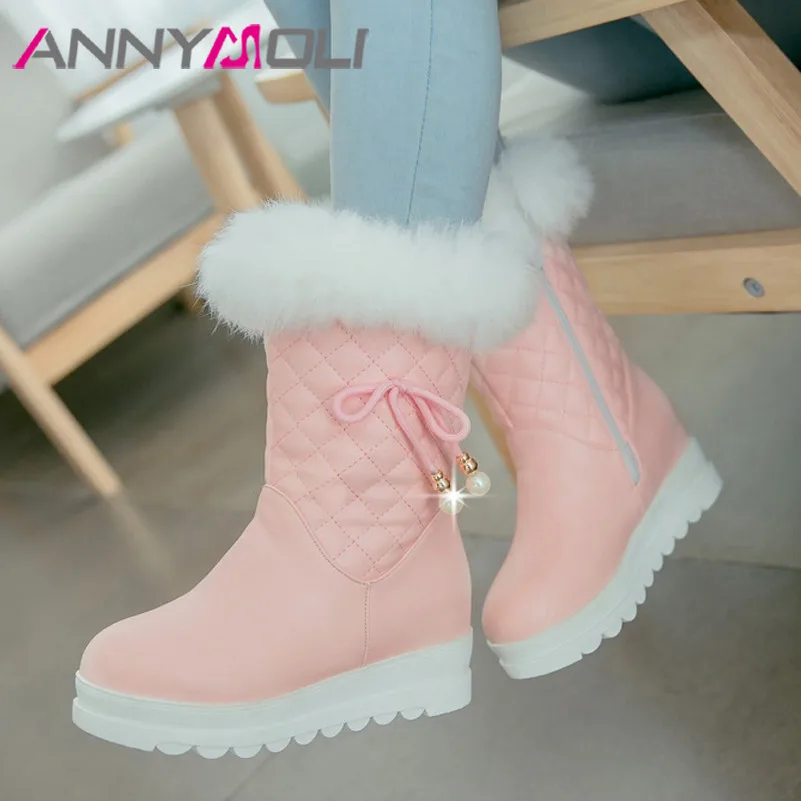 

ANNYMOLI Platform Mid Calf Boots High Heel Snow Boots Woman Bow Height Increasing Shoes Zip Round Toe Lady Boots Winter Warm 43