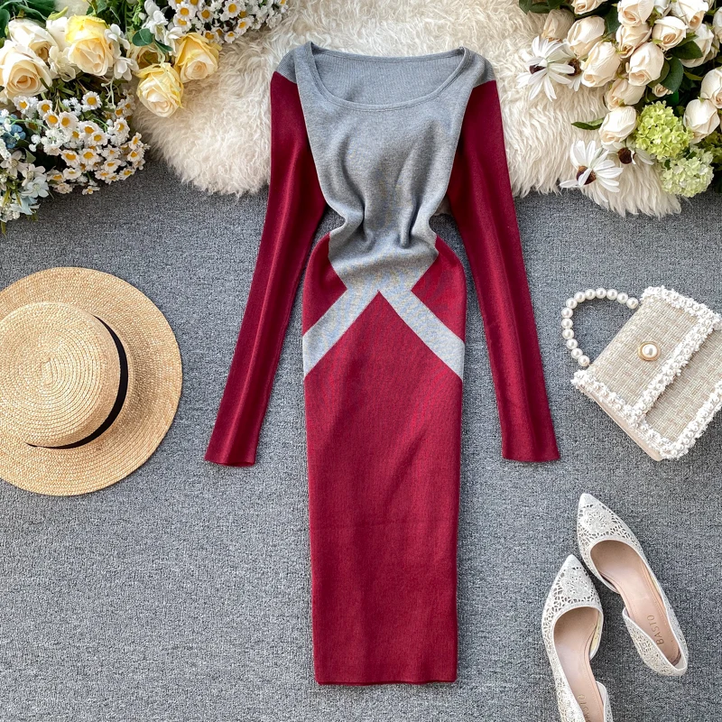 Элегантное платье миди для женщин с длинным рукавом в стиле пэчворк облегающие